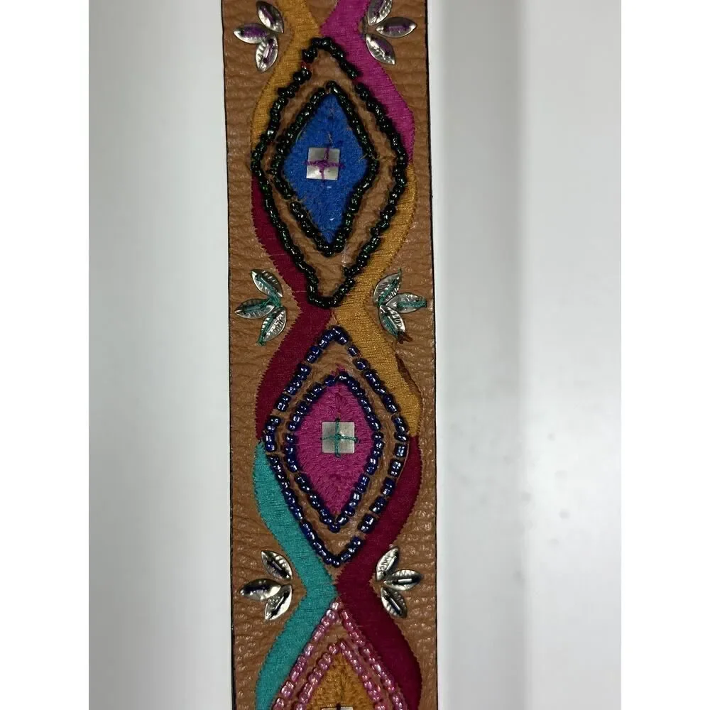 CHICO'S Women's Embroidered/Beaded Wide Leather Bohemian Belt Brown Size Large